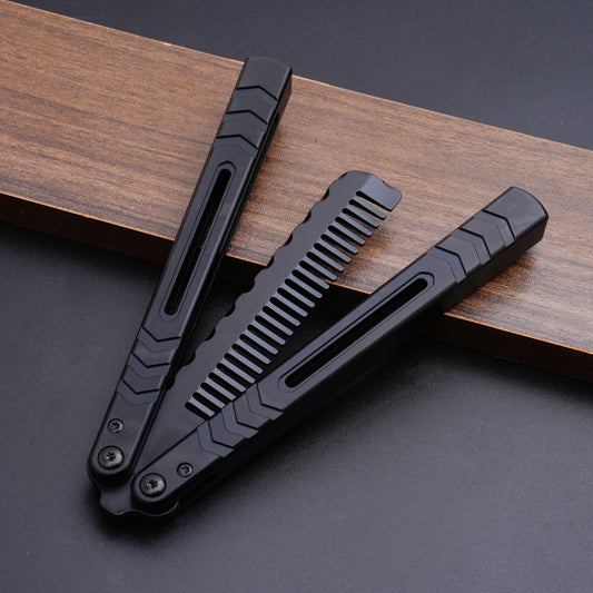 Balisong Comb Trainer,9.72"With copper gasket,T8 Screws,Aluminum Handle(Black)Dull Blade Butterfly Knife Flipping