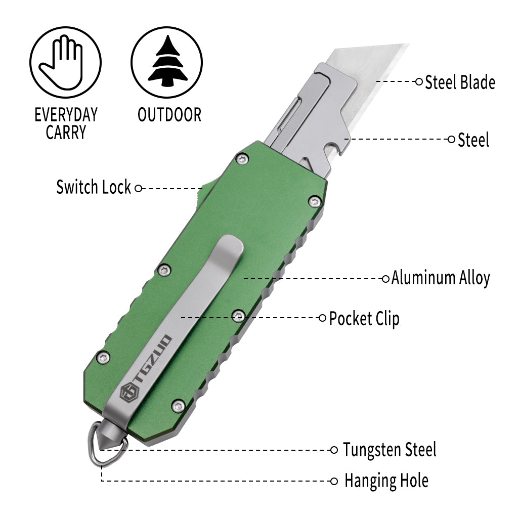 OTF Switchblade Knife with Clip & Window Breaker - Quick Change Blade, Anode Oxygen Green Aluminum Handle