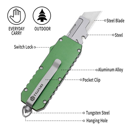 OTF Switchblade Knife with Clip & Window Breaker - Quick Change Blade, Anode Oxygen Green Aluminum Handle