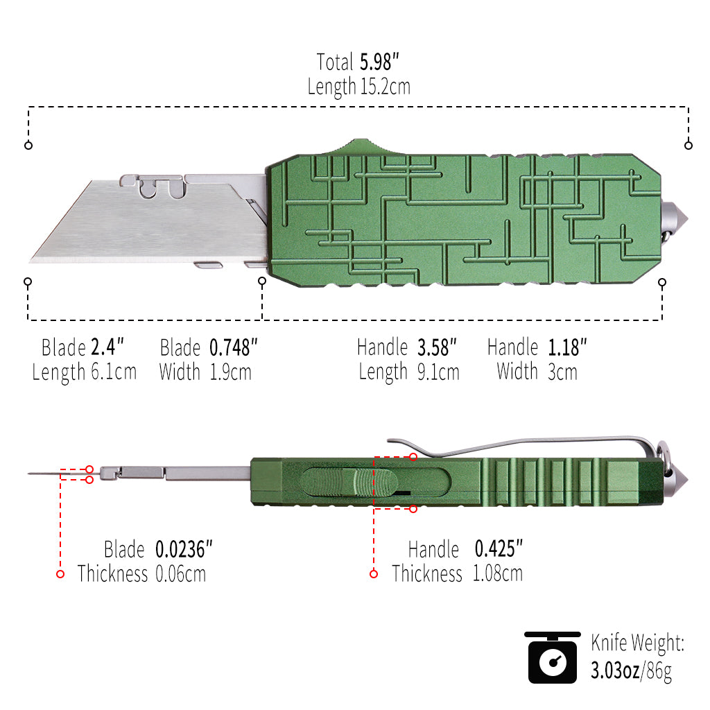 OTF Switchblade Knife with Clip & Window Breaker - Quick Change Blade, Anode Oxygen Green Aluminum Handle