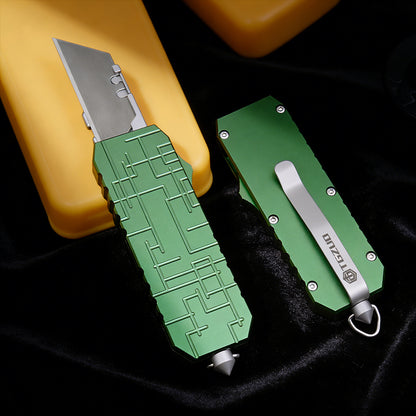OTF Switchblade Knife with Clip & Window Breaker - Quick Change Blade, Anode Oxygen Green Aluminum Handle