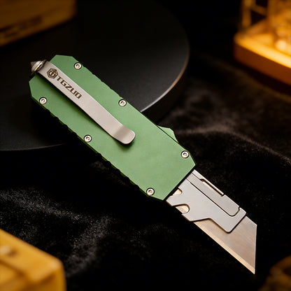 OTF Switchblade Knife with Clip & Window Breaker - Quick Change Blade, Anode Oxygen Green Aluminum Handle